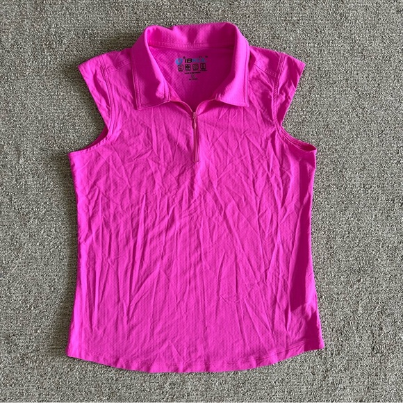 IBKUL Essential Solid Sleeveless Point Collar Polo Top in Hot Pink Size Medium - Picture 1 of 6